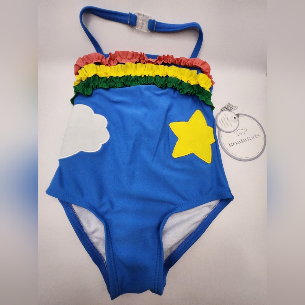 Koala Kids One Piece Swimsuit Girl's 12-18m Blue w Multicolor Ruffles NEW